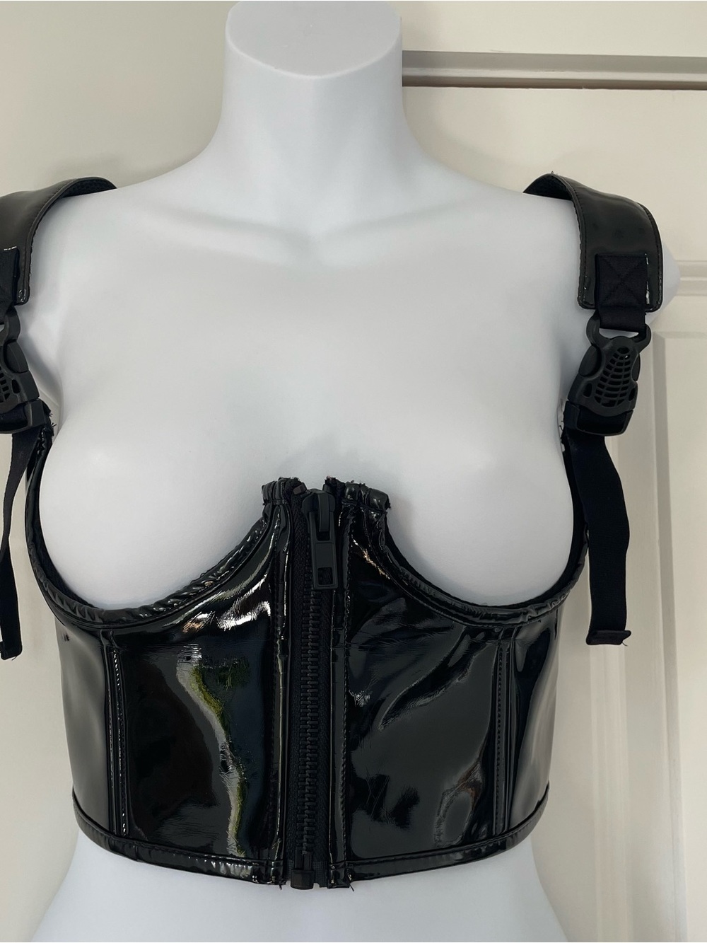 POSTER GIRL Dolls Kill Black Patent Front-Zip Harness Bustier Top